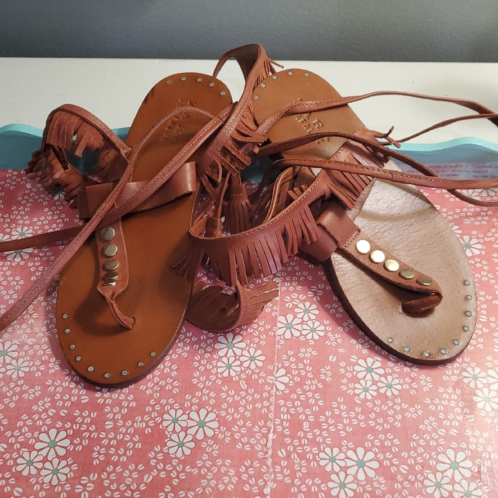 Zara Brown Leather Sandals Lace-Up Gladiator Style